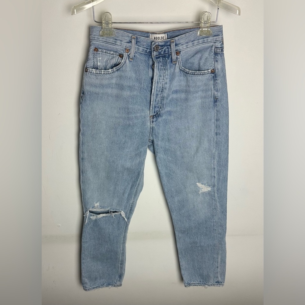 Agolde Riley High Rise Straight Crop Womens 27 Light Wash Distressed Denim